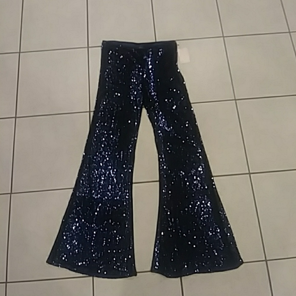 Free People Zip-Up Blue Sequin Bell Bottom Pants.
